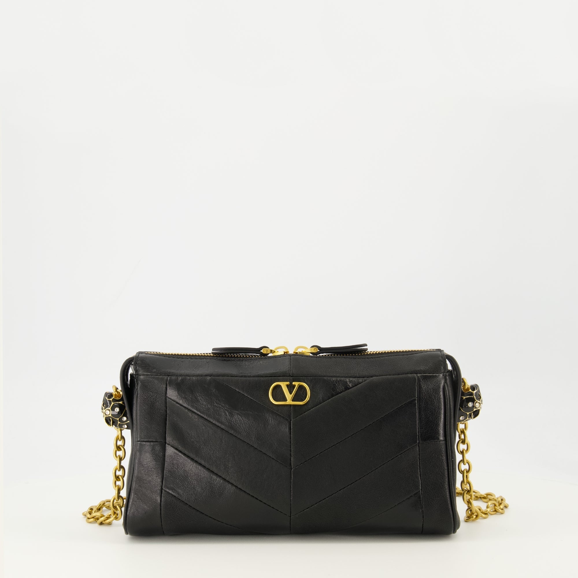 Image of Mini Bag Panthea in Black Leather by Valentino Garavani for Women - Season Spring-Summer 2026 - Front View