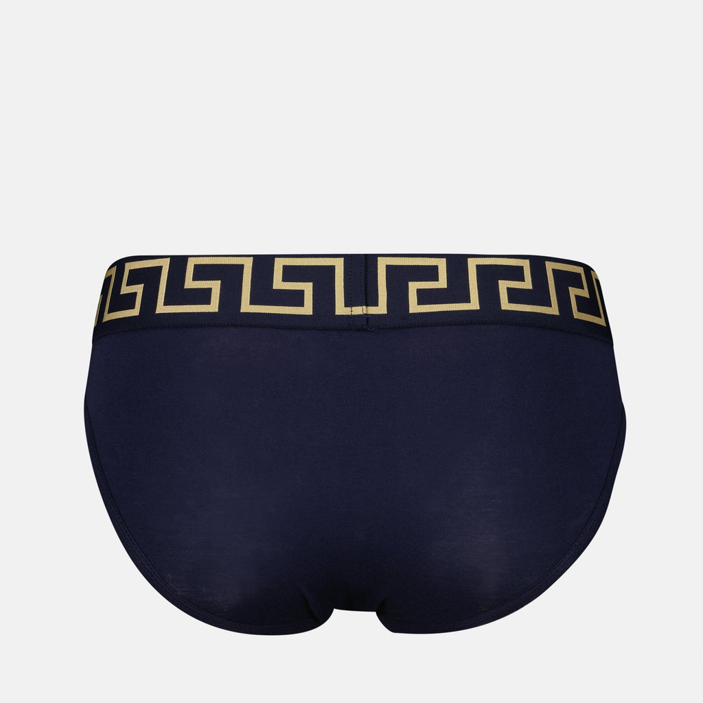 Versace briefs, navy blue Greca, Medusa underwear, men's fashion, cotton elastane blend