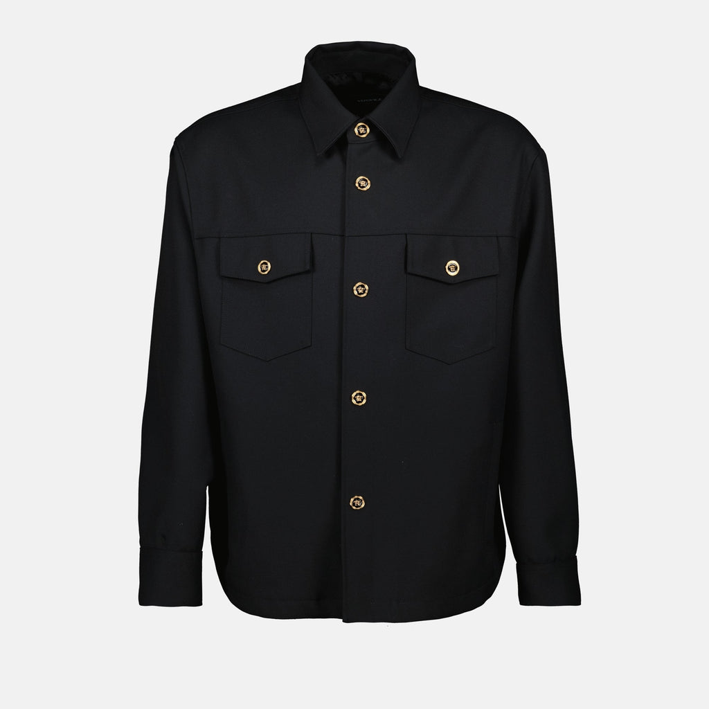 black wool shirt, classic collar shirt, Medusa detail shirt, men's shirts, elegant everyday wear