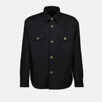 black wool shirt, classic collar shirt, Medusa detail shirt, men's shirts, elegant everyday wear
