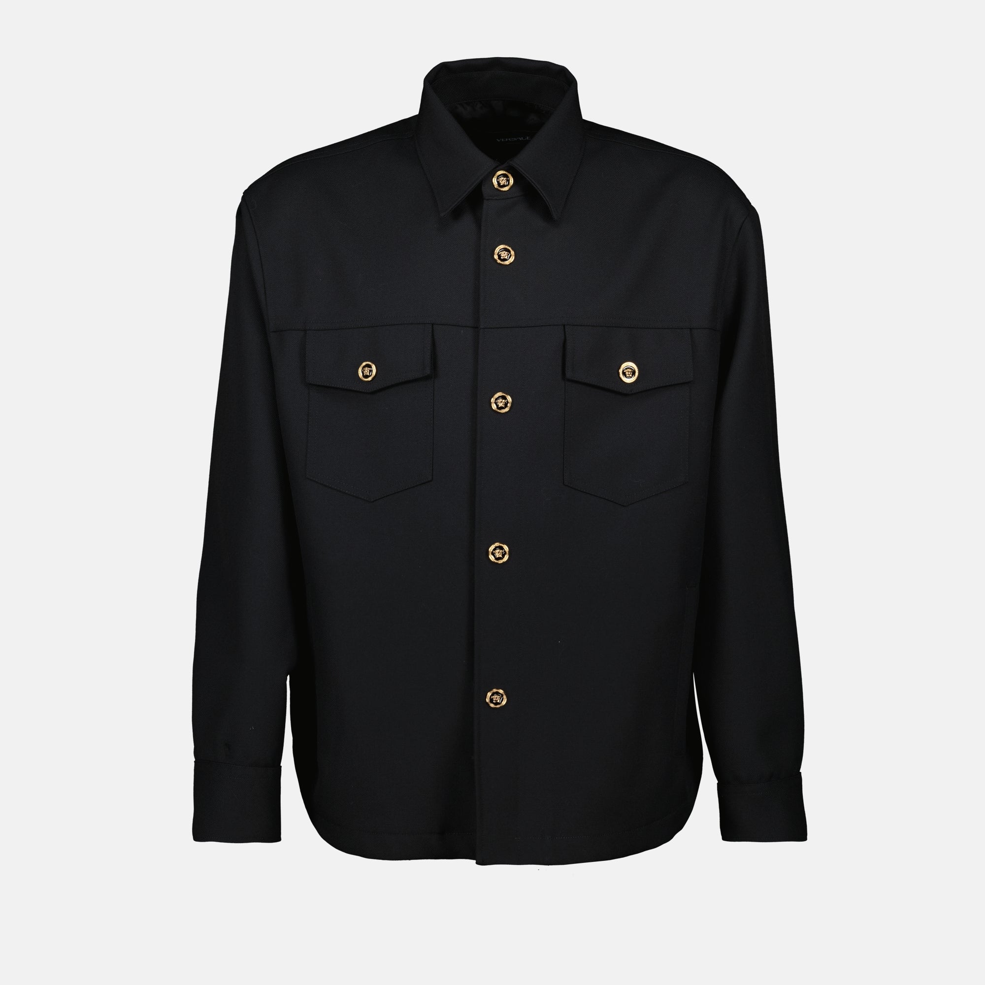 black wool shirt, classic collar shirt, Medusa detail shirt, men's shirts, elegant everyday wear