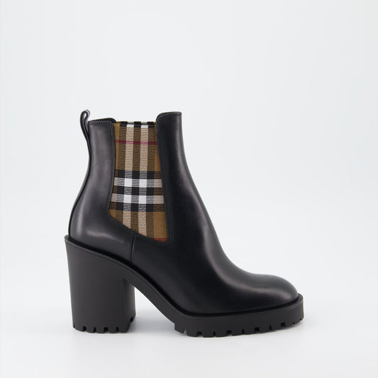 Burberry ankle boots, women's leather boots, black checked boots, luxury women's boots, stylish ankle boots