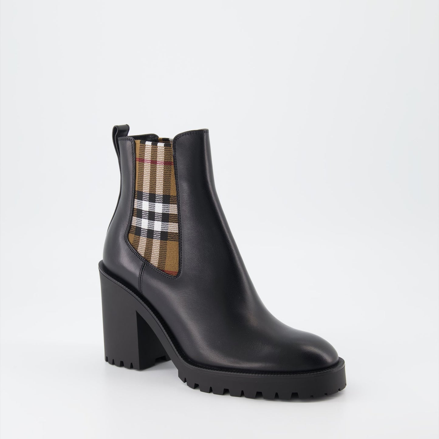 Burberry ankle boots, women's leather boots, black checked boots, luxury women's boots, stylish ankle boots