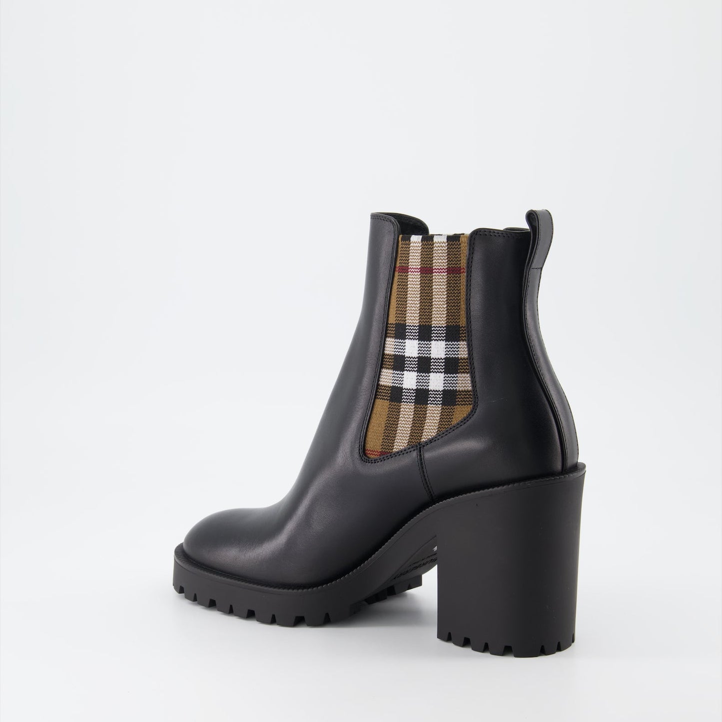 Burberry ankle boots, women's leather boots, black checked boots, luxury women's boots, stylish ankle boots