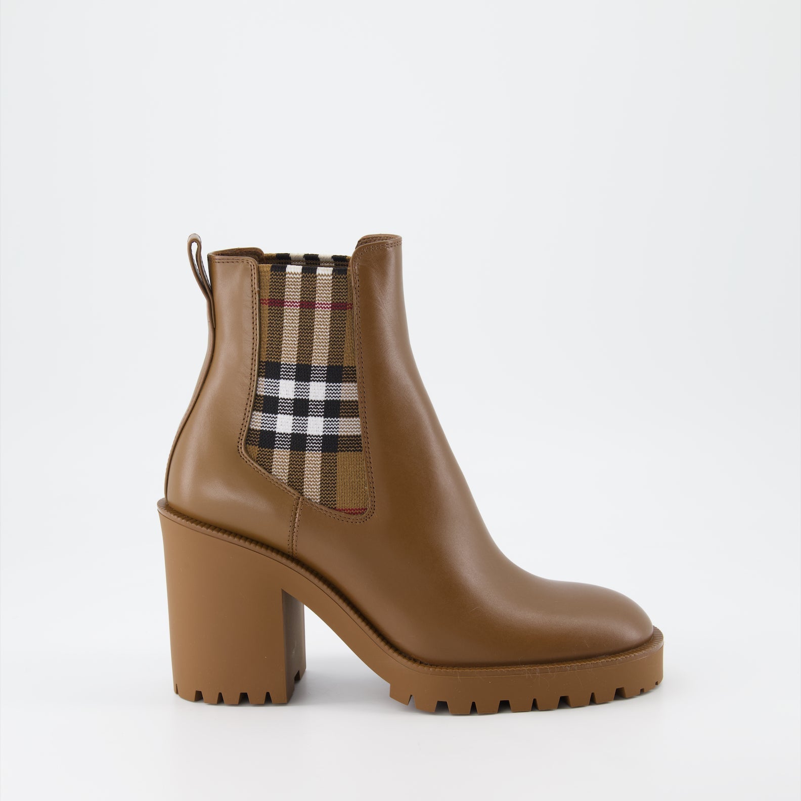 Burberry boots, women's leather boots, checked ankle boots, luxury footwear, brown leather boots