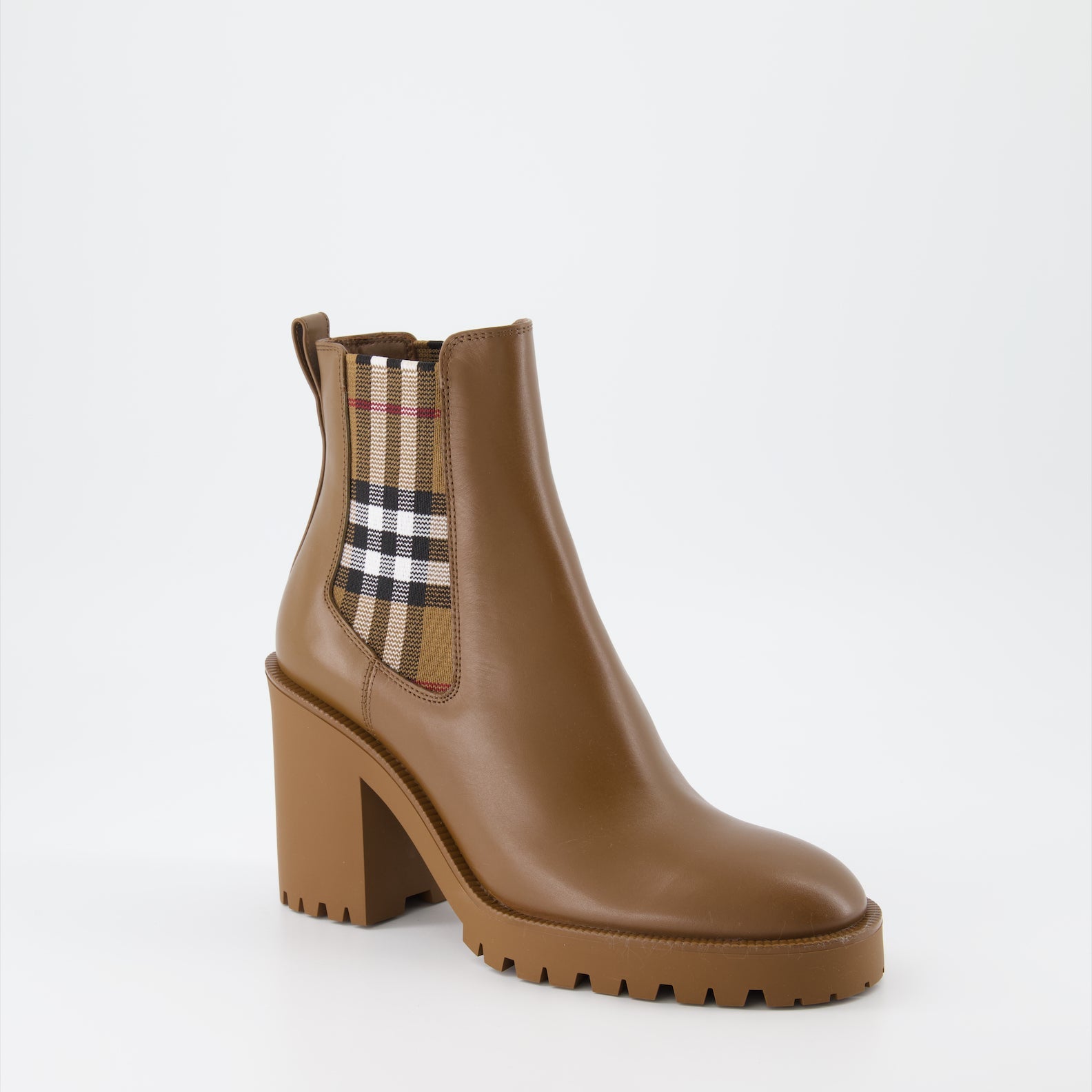 Burberry boots, women's leather boots, checked ankle boots, luxury footwear, brown leather boots