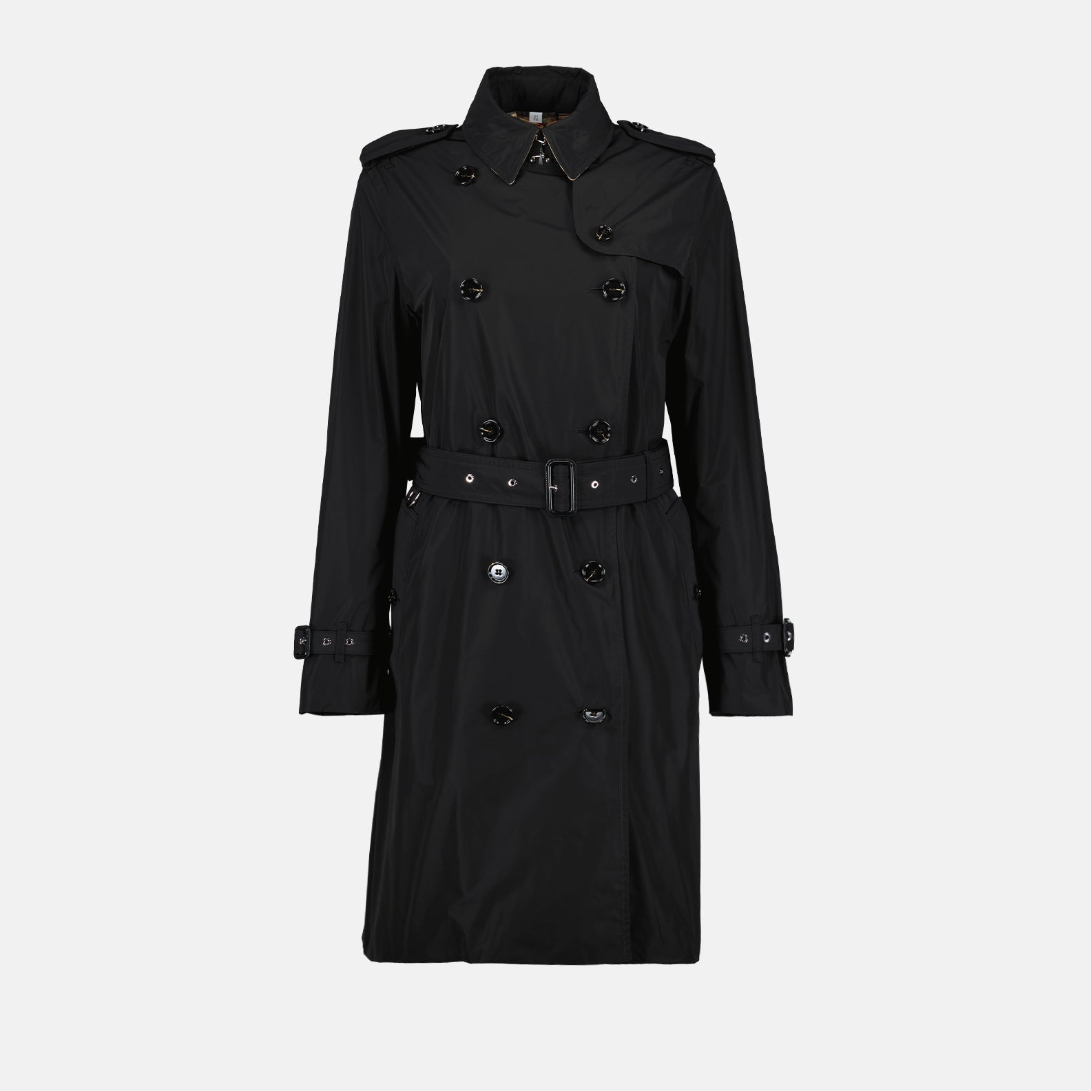 Burberry trench coat, women's luxury coat, black Kensington Trench, designer outerwear, timeless fashion