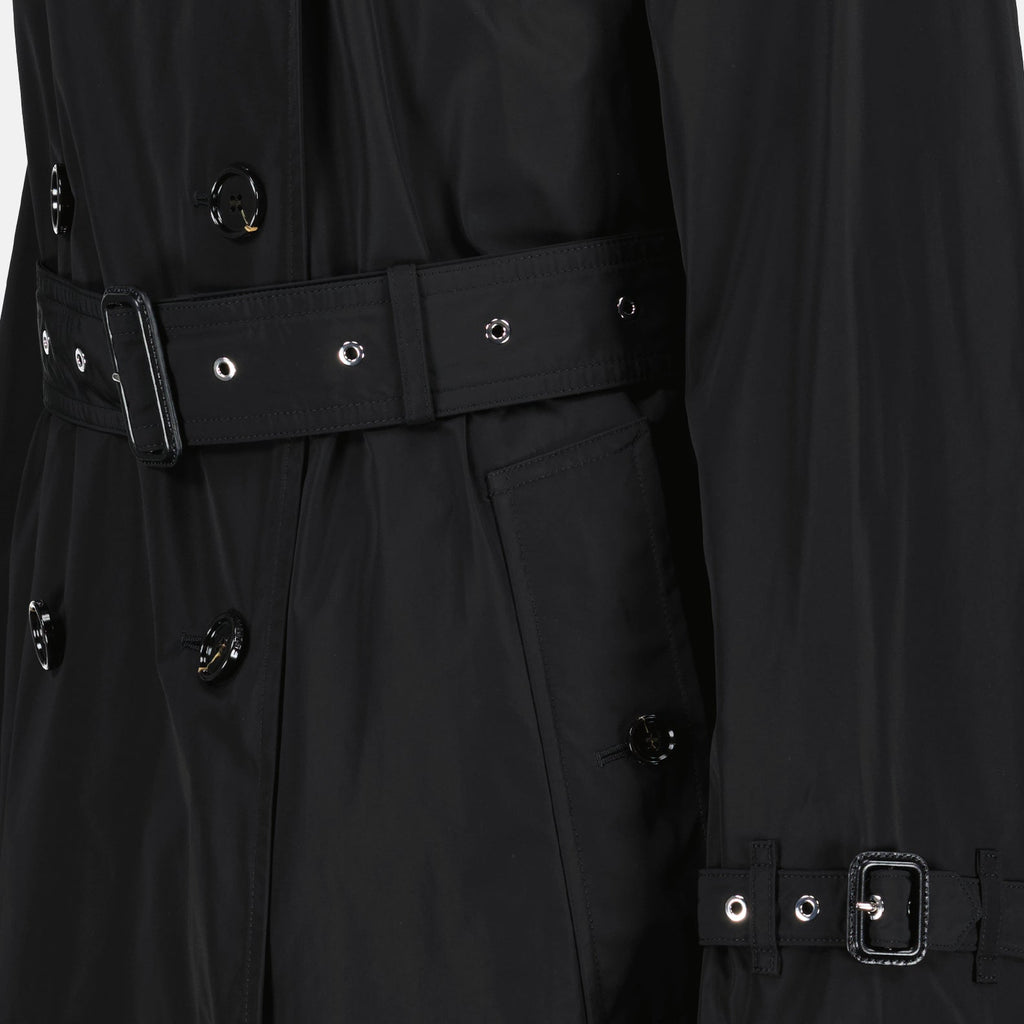 Burberry trench coat, women's luxury coat, black Kensington Trench, designer outerwear, timeless fashion