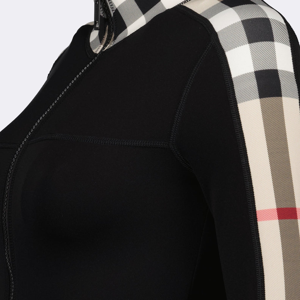 Burberry crop top, zipped clothing, vintage check top, nylon fashion, slim fit apparel