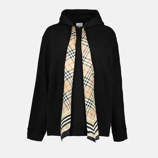 Burberry sweatshirt, women's luxury sweatshirt, black Burberry scarf, high-end fashion, elegant casual wear