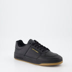 Image of SL/61 Black Leather Sneakers by Saint Laurent for Men - Season Autumn-Winter 2023 - Front Right Three-Quarter View