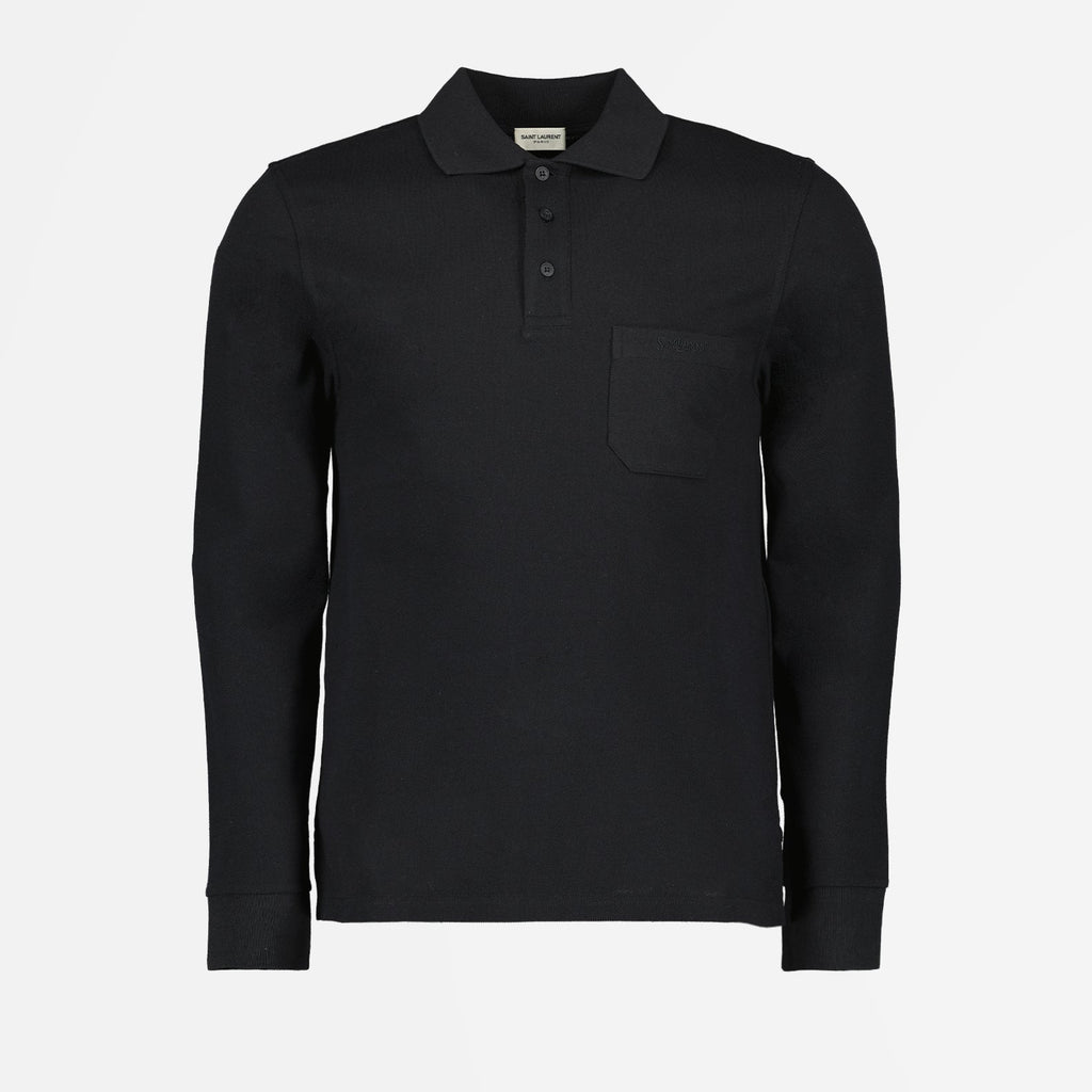 Image of Classic Black Polo Shirt with Pocket by Saint Laurent for Men - Season Autumn-Winter 2023 - Front View