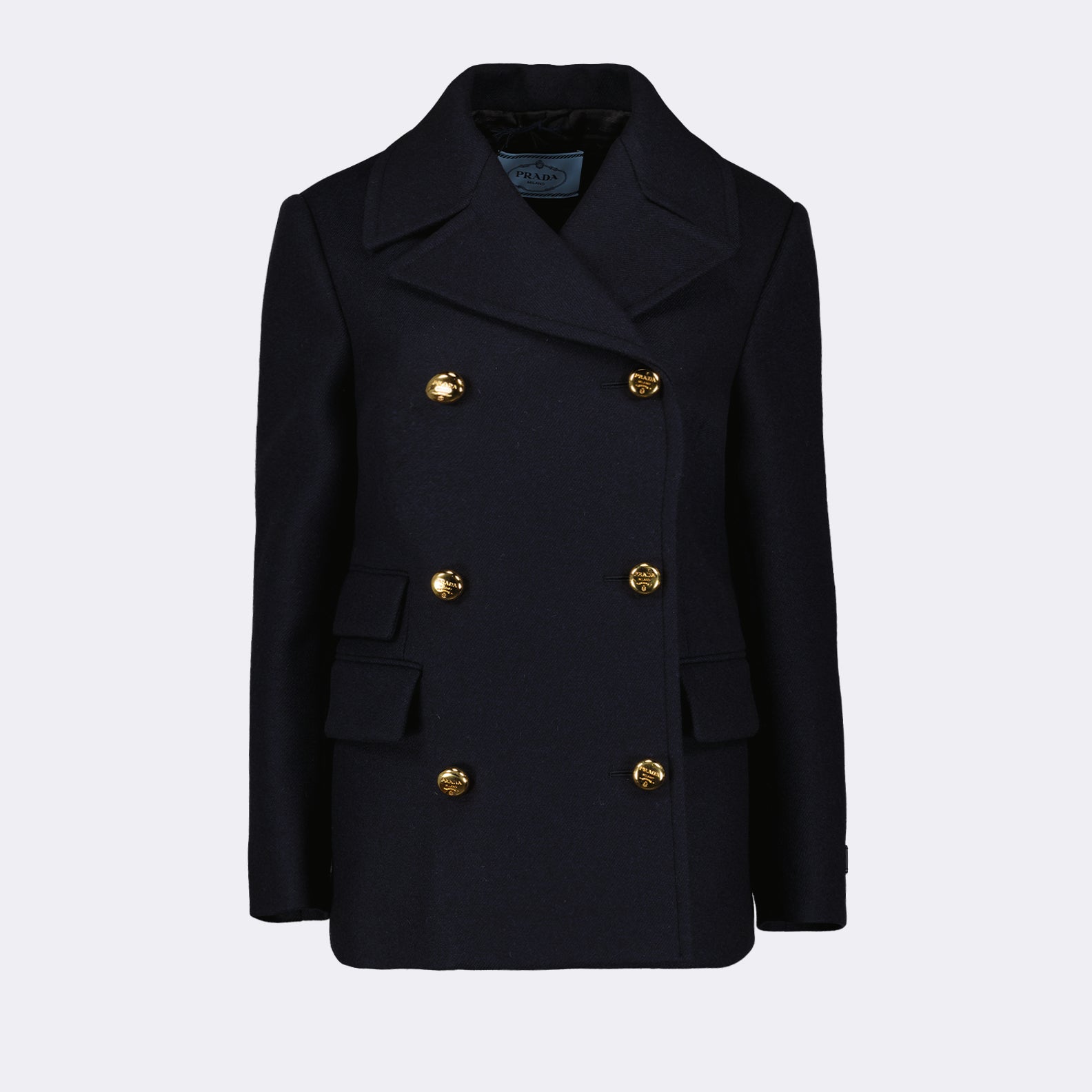 Prada wool coat, luxury women's peacoat, blue wool coat, high-end women's outerwear, designer winter coat