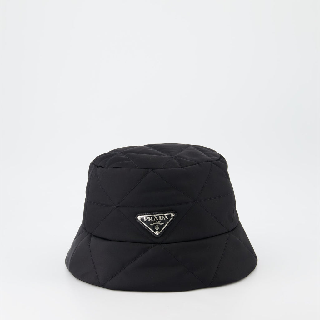 Prada bucket hat, triangle logo hat, women's luxury accessories, designer hats, black bucket hat