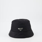 Prada bucket hat, triangle logo hat, women's luxury accessories, designer hats, black bucket hat