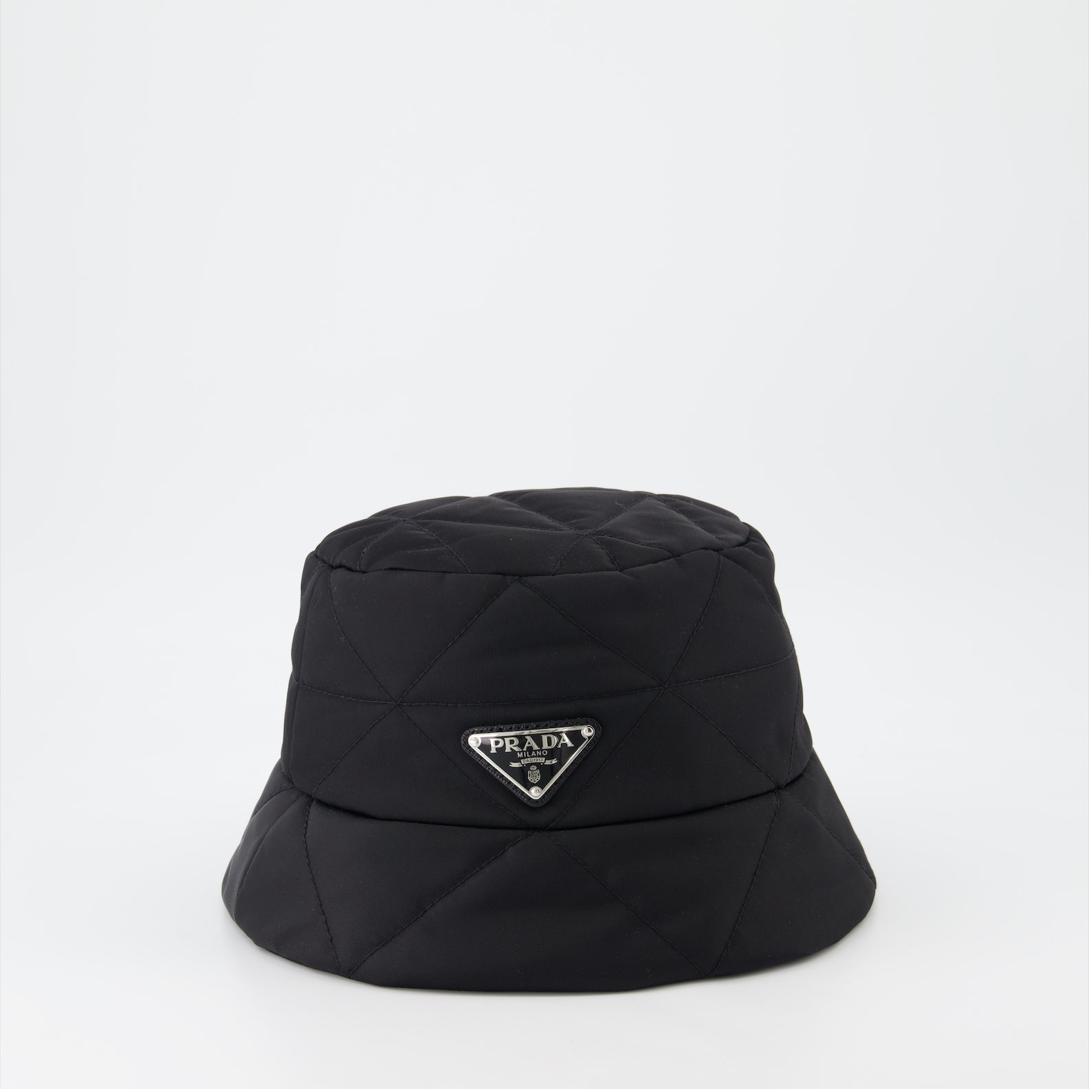 Prada bucket hat, triangle logo hat, women's luxury accessories, designer hats, black bucket hat