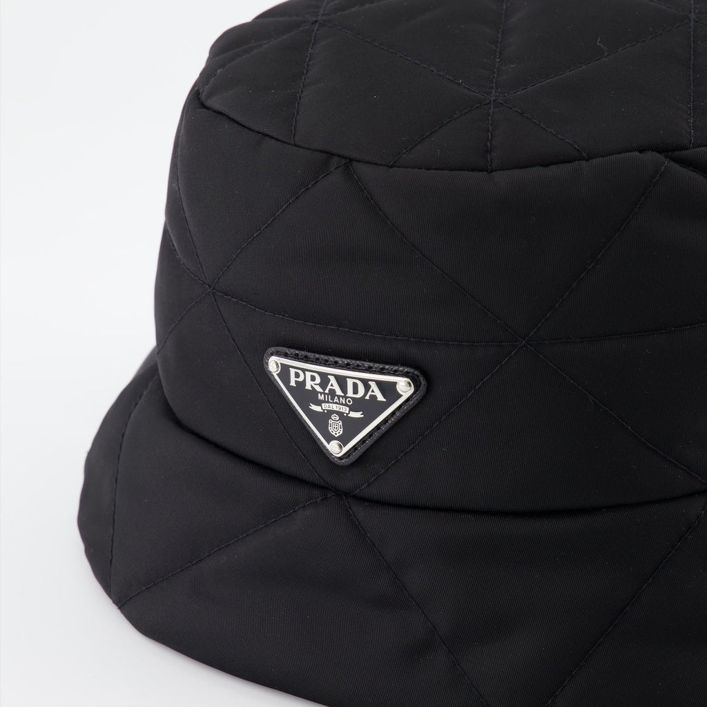 Prada bucket hat, triangle logo hat, women's luxury accessories, designer hats, black bucket hat