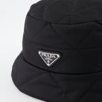 Prada bucket hat, triangle logo hat, women's luxury accessories, designer hats, black bucket hat