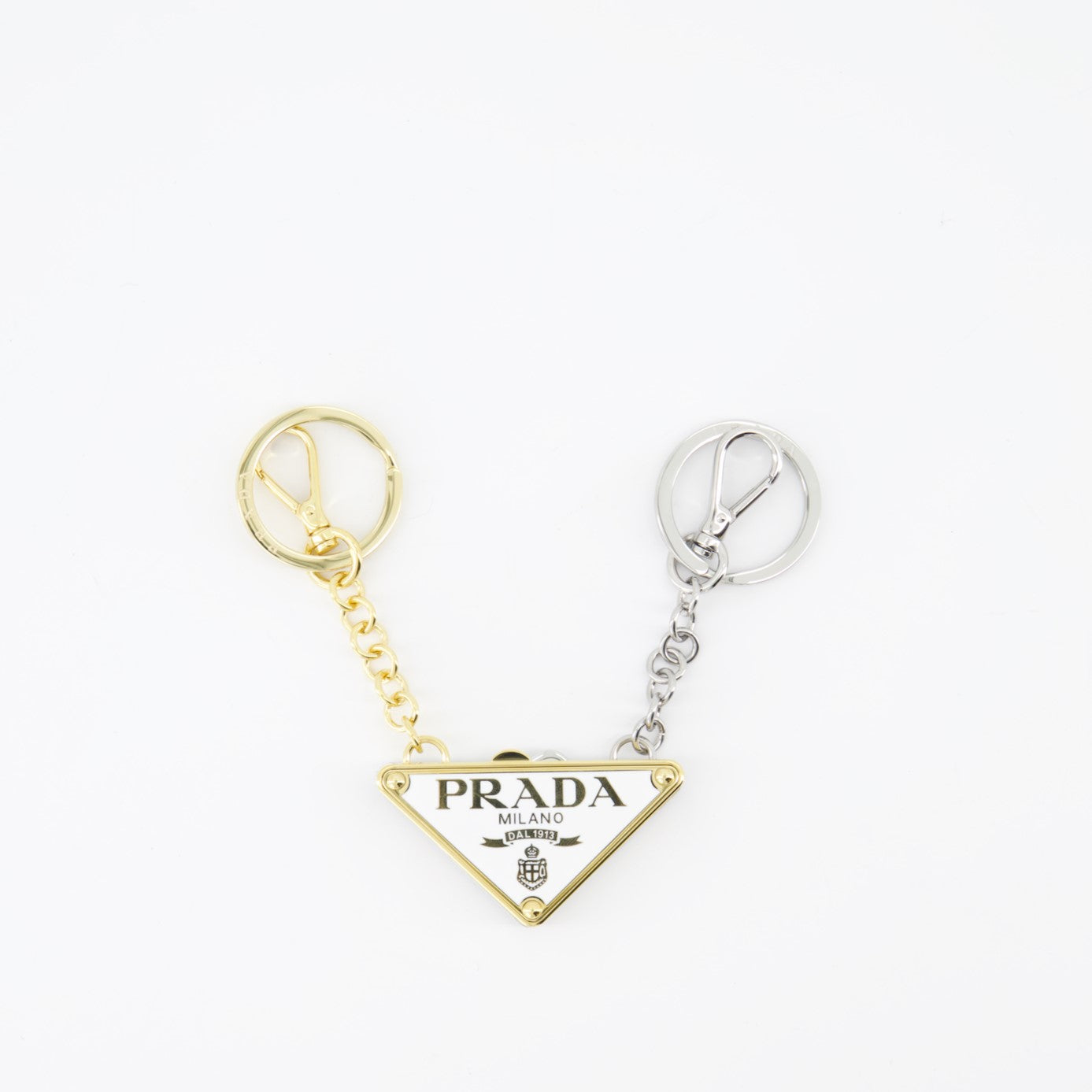 Prada keychain, luxury women’s accessory, divisible keychain, metal keychain, designer keychain