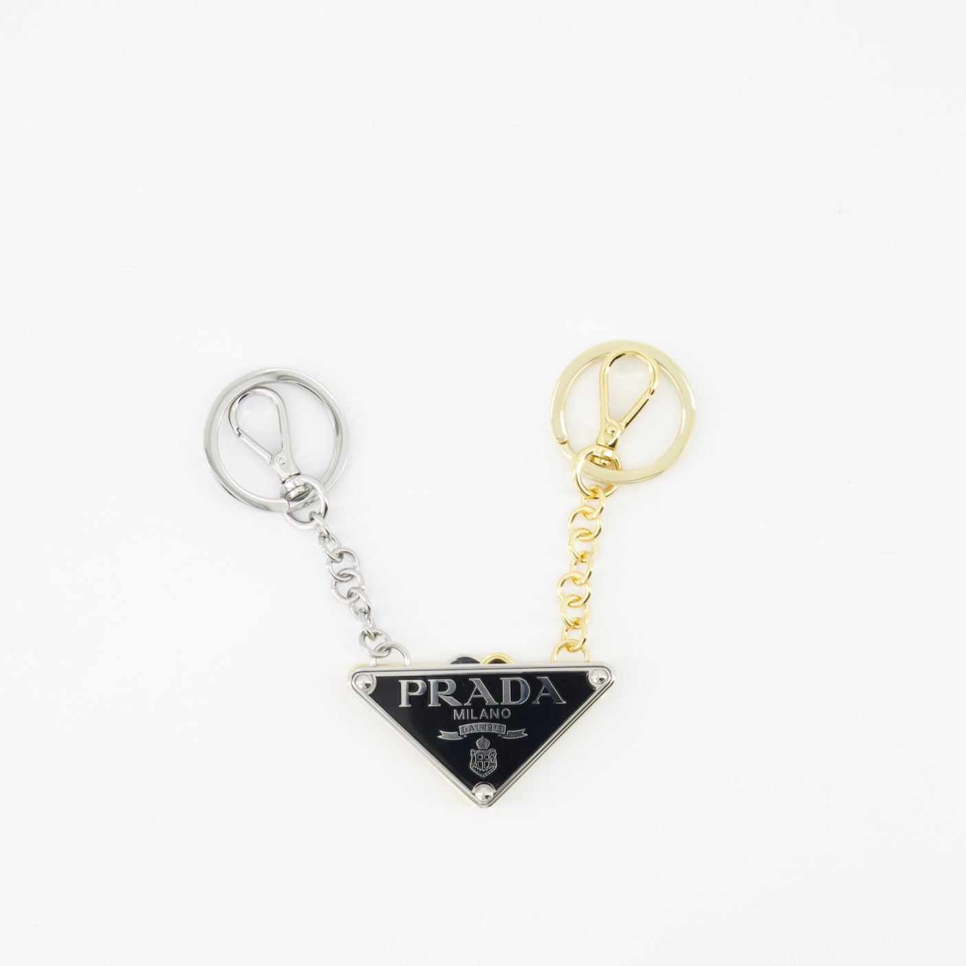 Prada keychain, luxury women’s accessory, divisible keychain, metal keychain, designer keychain