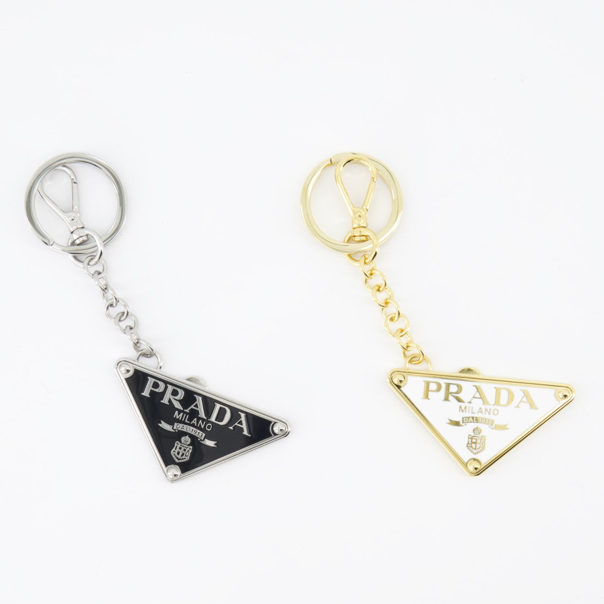 Prada keychain, luxury women’s accessory, divisible keychain, metal keychain, designer keychain