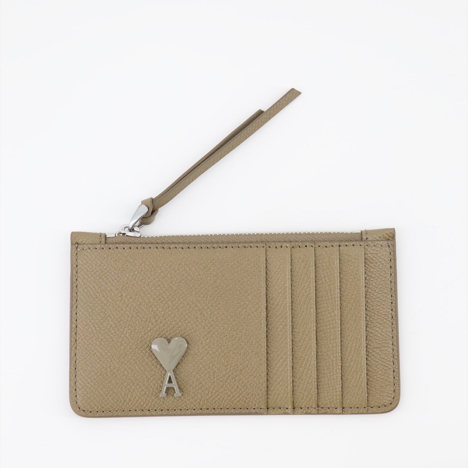 grained leather card holder, zipped card pouch, elegant card accessory, metal heart detail, sophisticated wallet