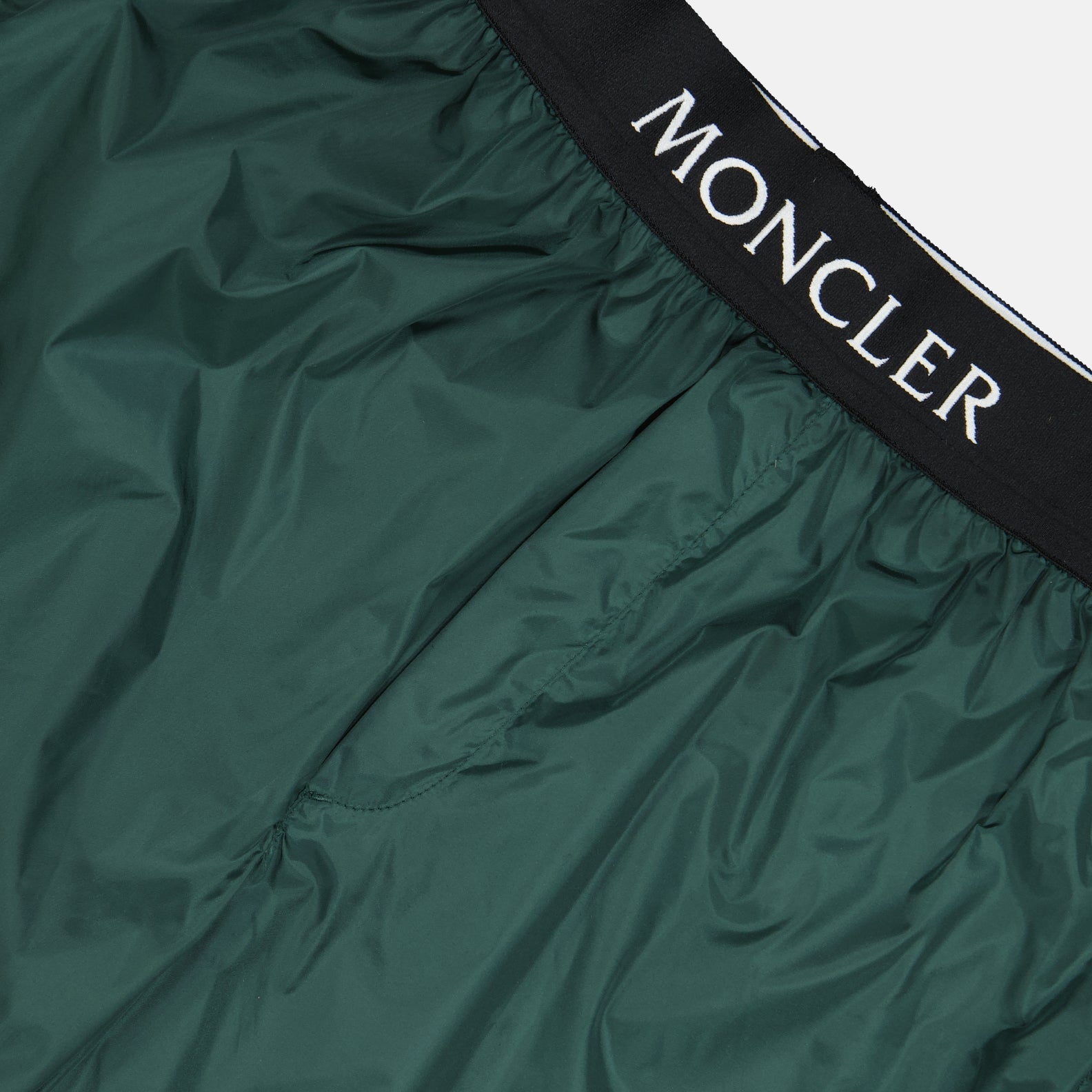 Moncler swim shorts, luxury swimwear, men's swimwear, designer swim shorts, green logo swim shorts