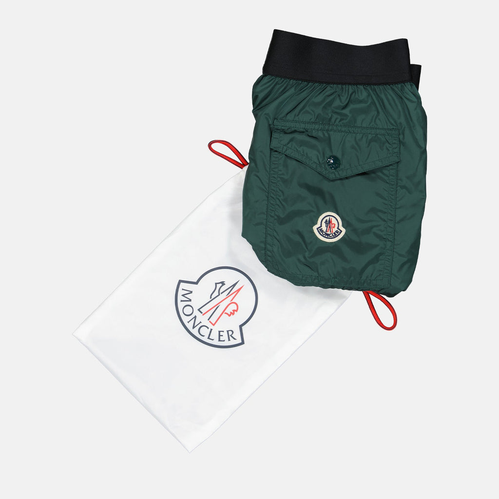 Moncler swim shorts, luxury swimwear, men's swimwear, designer swim shorts, green logo swim shorts