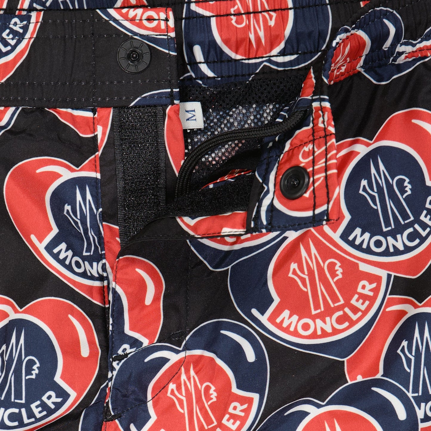 Moncler, Moncoeur printed swim trunks, luxury swimwear, men's designer swim trunks, high-end fashion