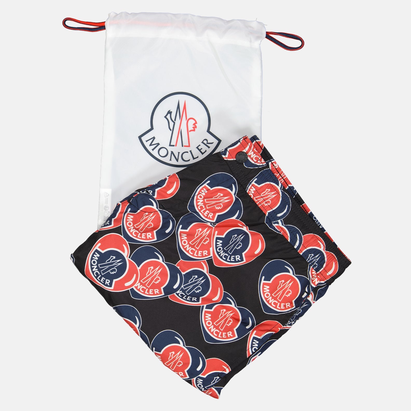 Moncler, Moncoeur printed swim trunks, luxury swimwear, men's designer swim trunks, high-end fashion