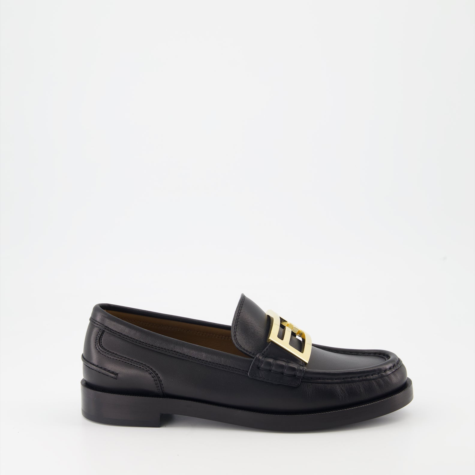 Fendi moccasins, black leather shoes, luxury footwear, Baguette detail, elegant loafers