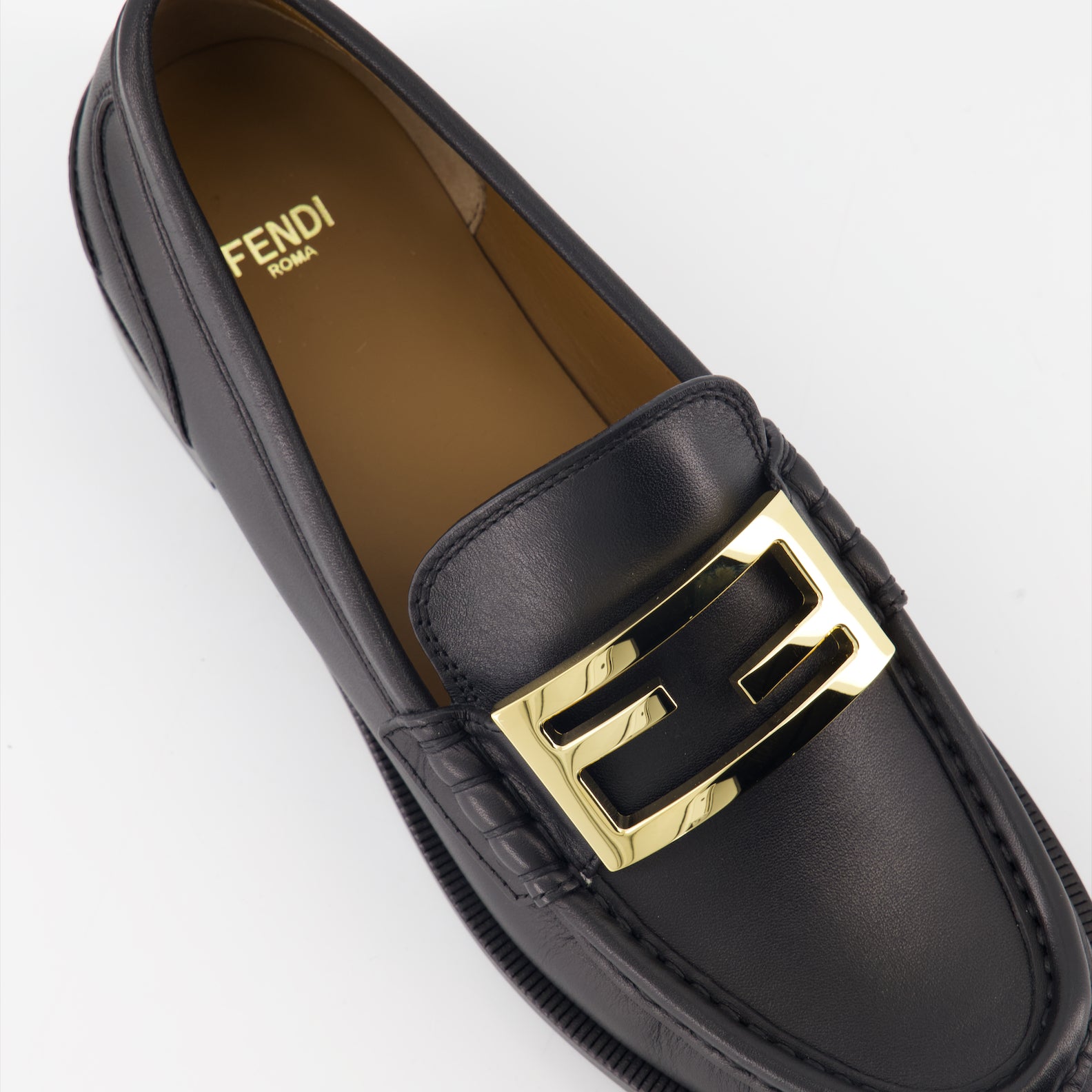 Fendi moccasins, black leather shoes, luxury footwear, Baguette detail, elegant loafers