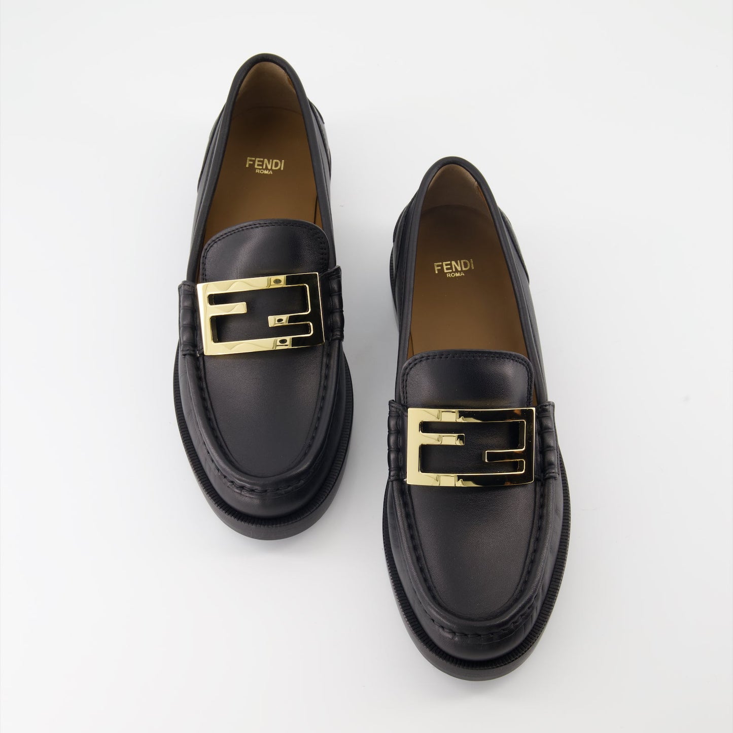 Fendi moccasins, black leather shoes, luxury footwear, Baguette detail, elegant loafers