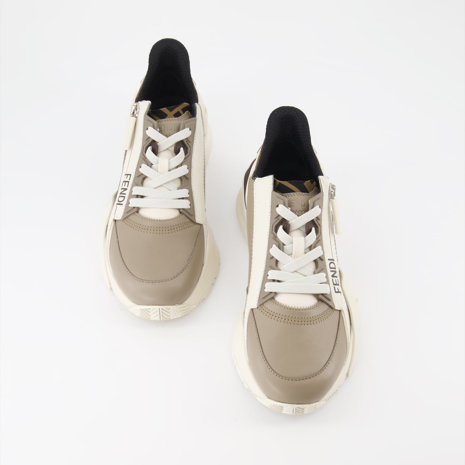 Fendi Flow, Beige Sneakers, FF Print, Treaded Sole, Modern Footwear