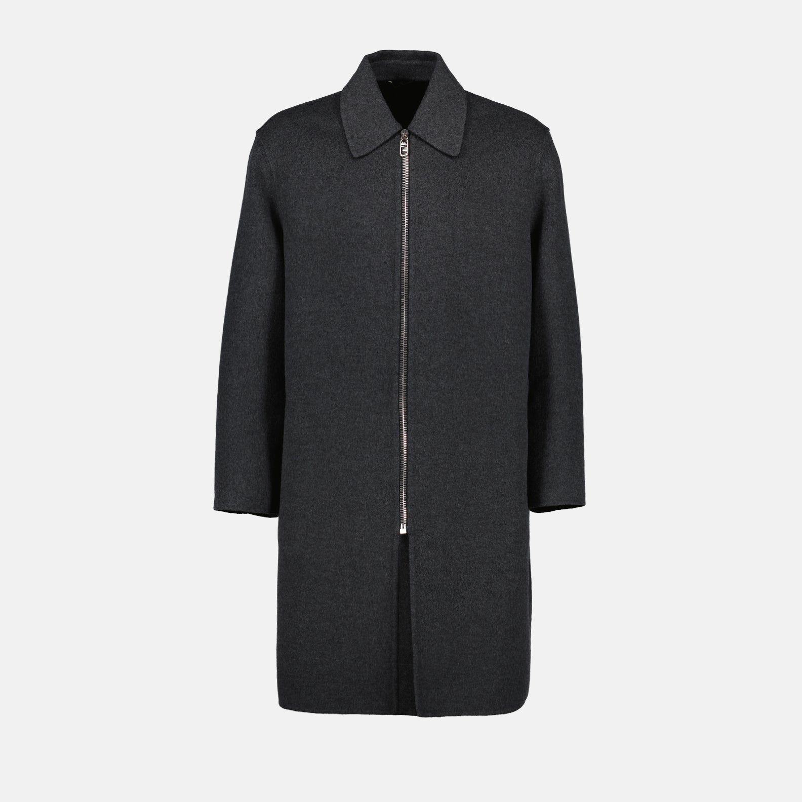 Gray wool overcoat, Fendi outerwear, luxury overcoat, O'Lock design, tailored wool coat