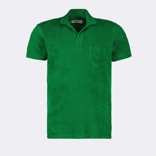 designer polo, luxury polo shirt, green terry cloth, Orlebar Brown, high-end fashion