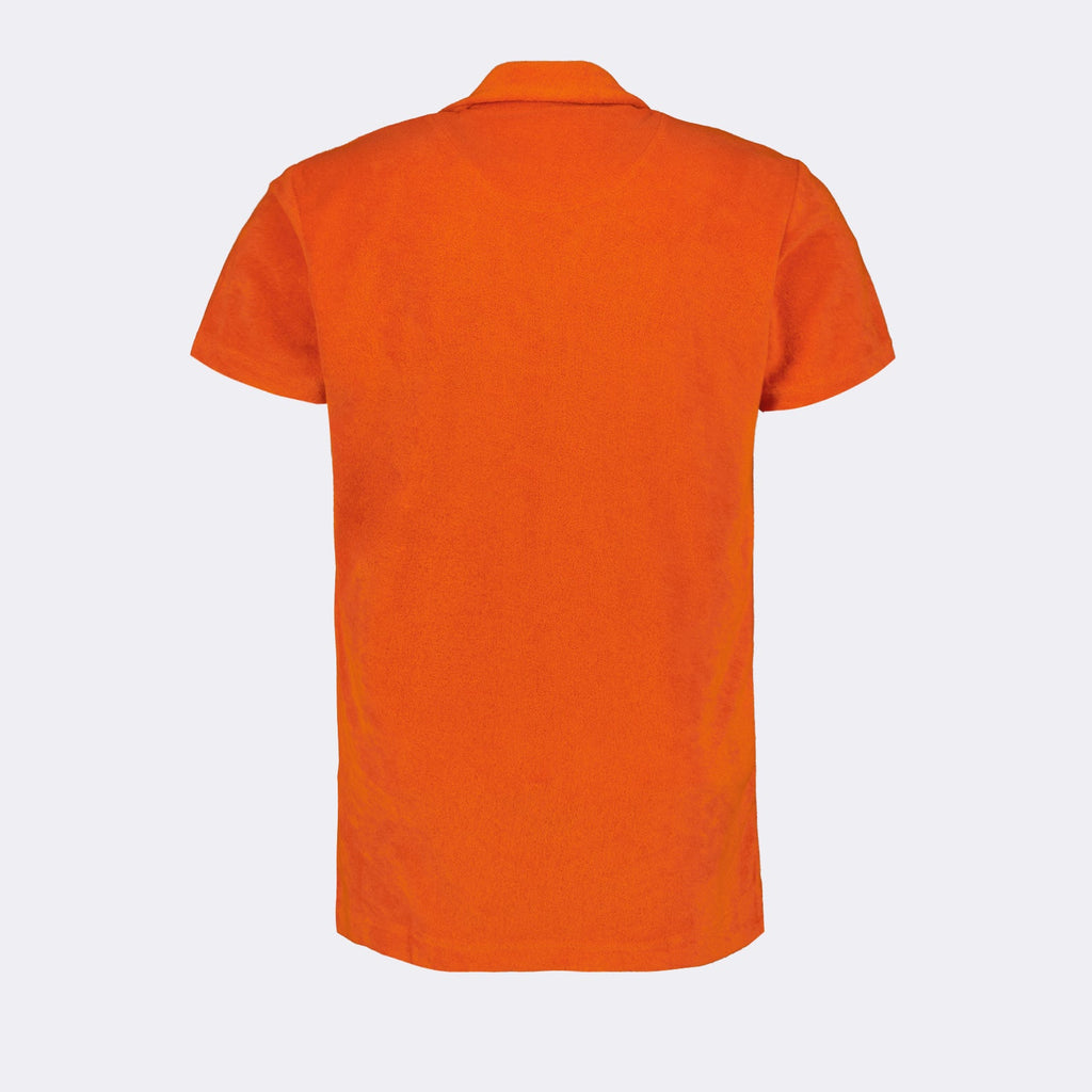 terry cloth polo, luxury casual wear, Orlebar Brown, orange polo shirt, designer menswear