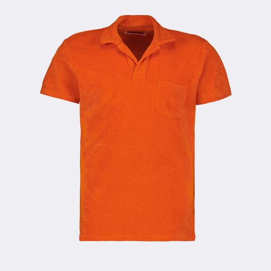 terry cloth polo, luxury casual wear, Orlebar Brown, orange polo shirt, designer menswear