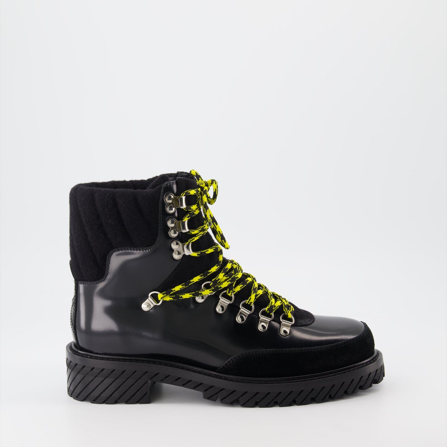 Off-White boots, black leather boots, men's luxury footwear, Gstaad boots, high-end men's boots