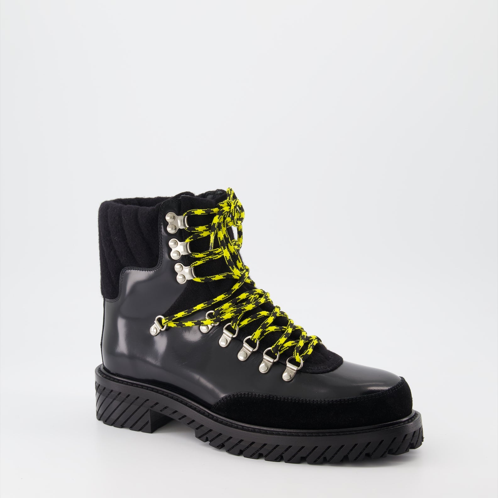 Off-White boots, black leather boots, men's luxury footwear, Gstaad boots, high-end men's boots