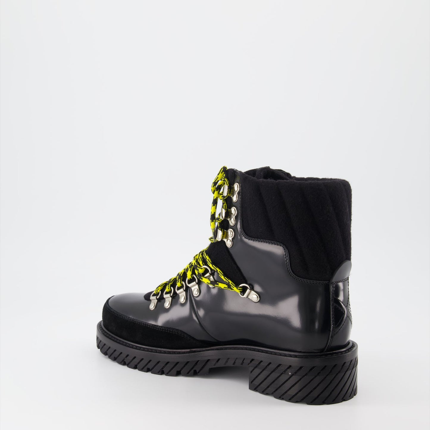 Off-White boots, black leather boots, men's luxury footwear, Gstaad boots, high-end men's boots