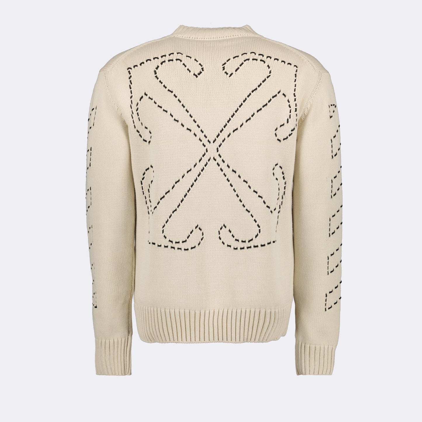 Off-White, men's luxury sweater, beige pull, stitched arrow design, high-end fashion