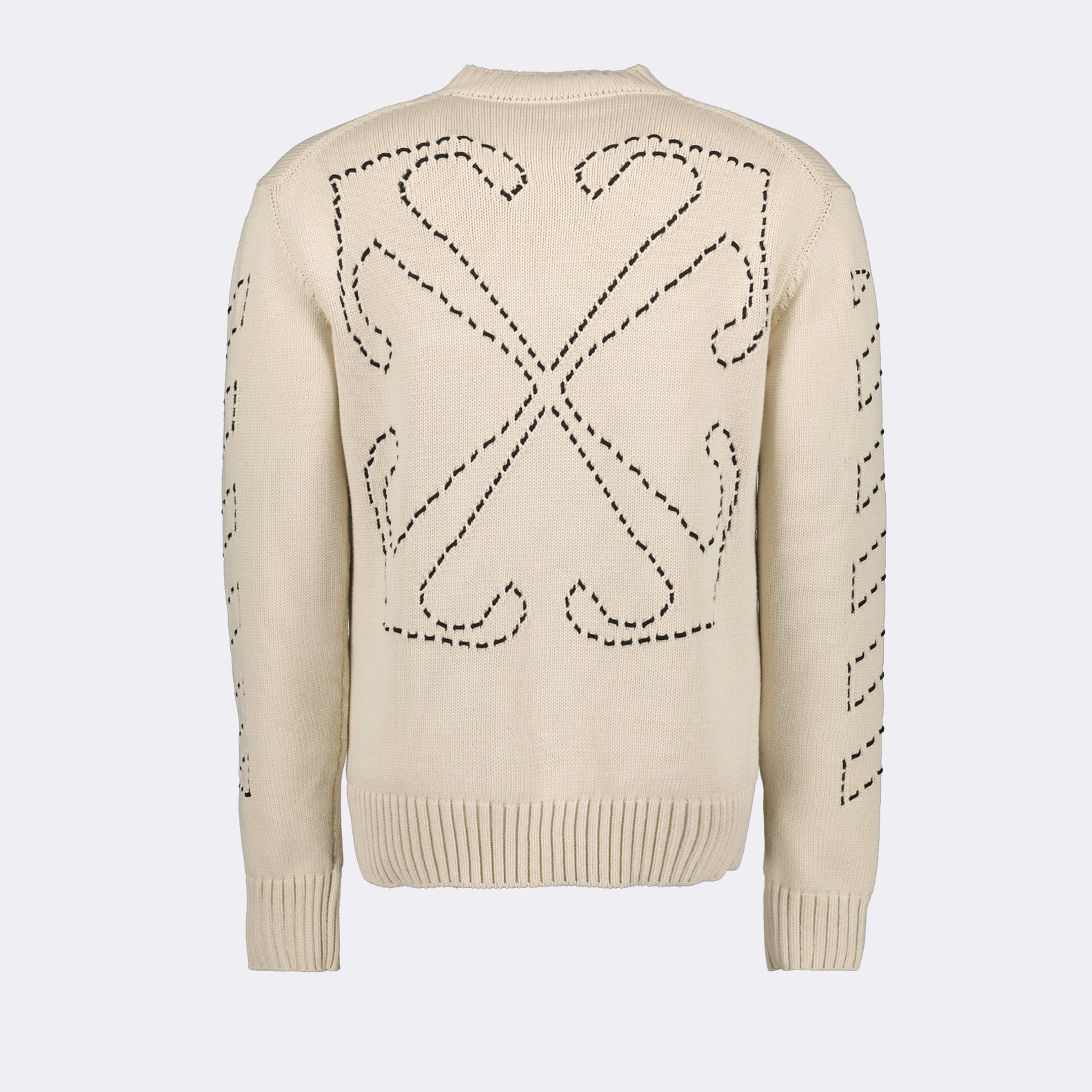 Off-White, men's luxury sweater, beige pull, stitched arrow design, high-end fashion