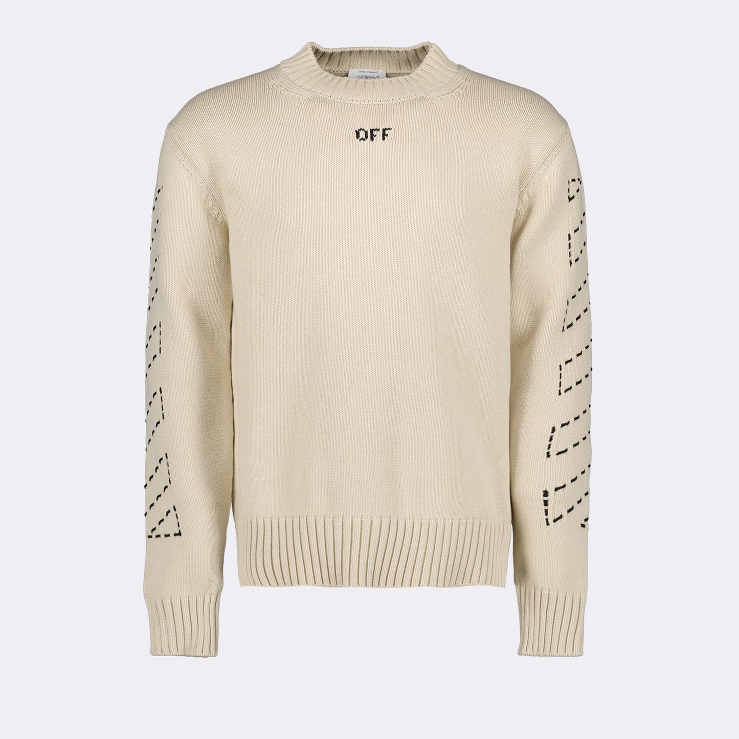 Off-White, men's luxury sweater, beige pull, stitched arrow design, high-end fashion