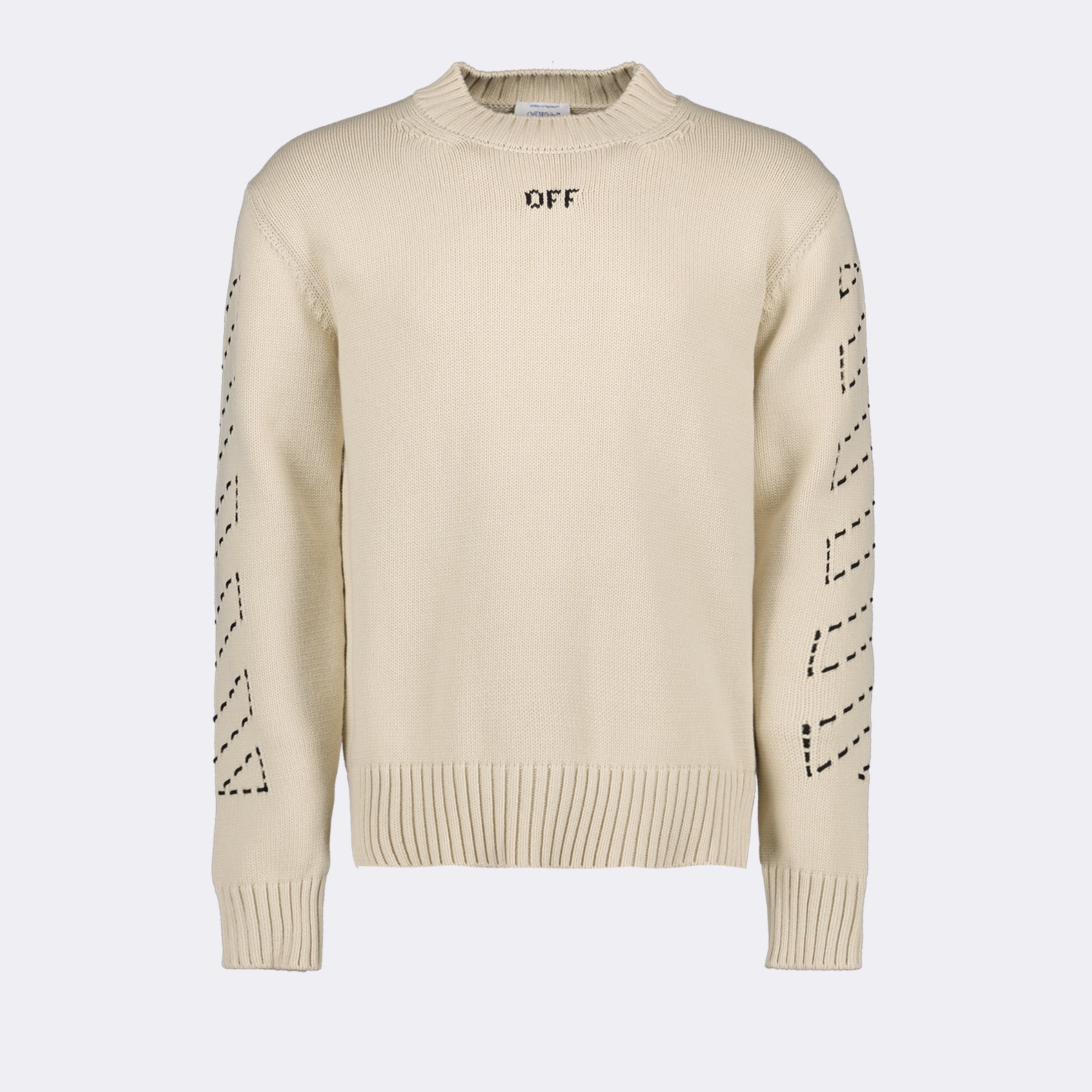 Off-White, men's luxury sweater, beige pull, stitched arrow design, high-end fashion