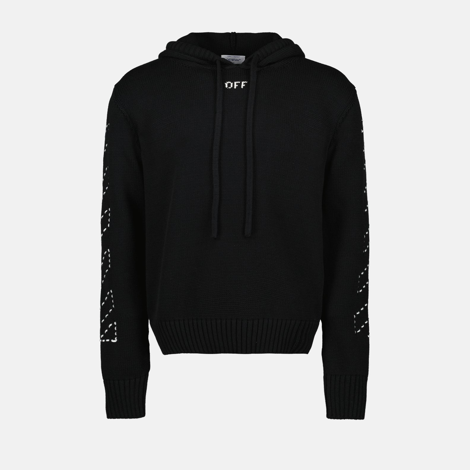 Black hoodie, Stitch Arrow design, Off-White luxury, contemporary fashion, high-end streetwear