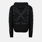 Black hoodie, Stitch Arrow design, Off-White luxury, contemporary fashion, high-end streetwear