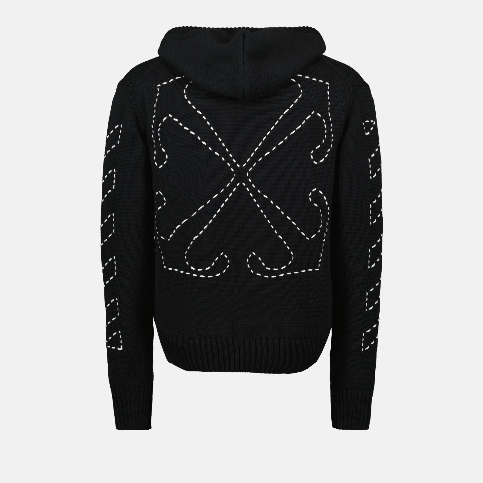 Black hoodie, Stitch Arrow design, Off-White luxury, contemporary fashion, high-end streetwear