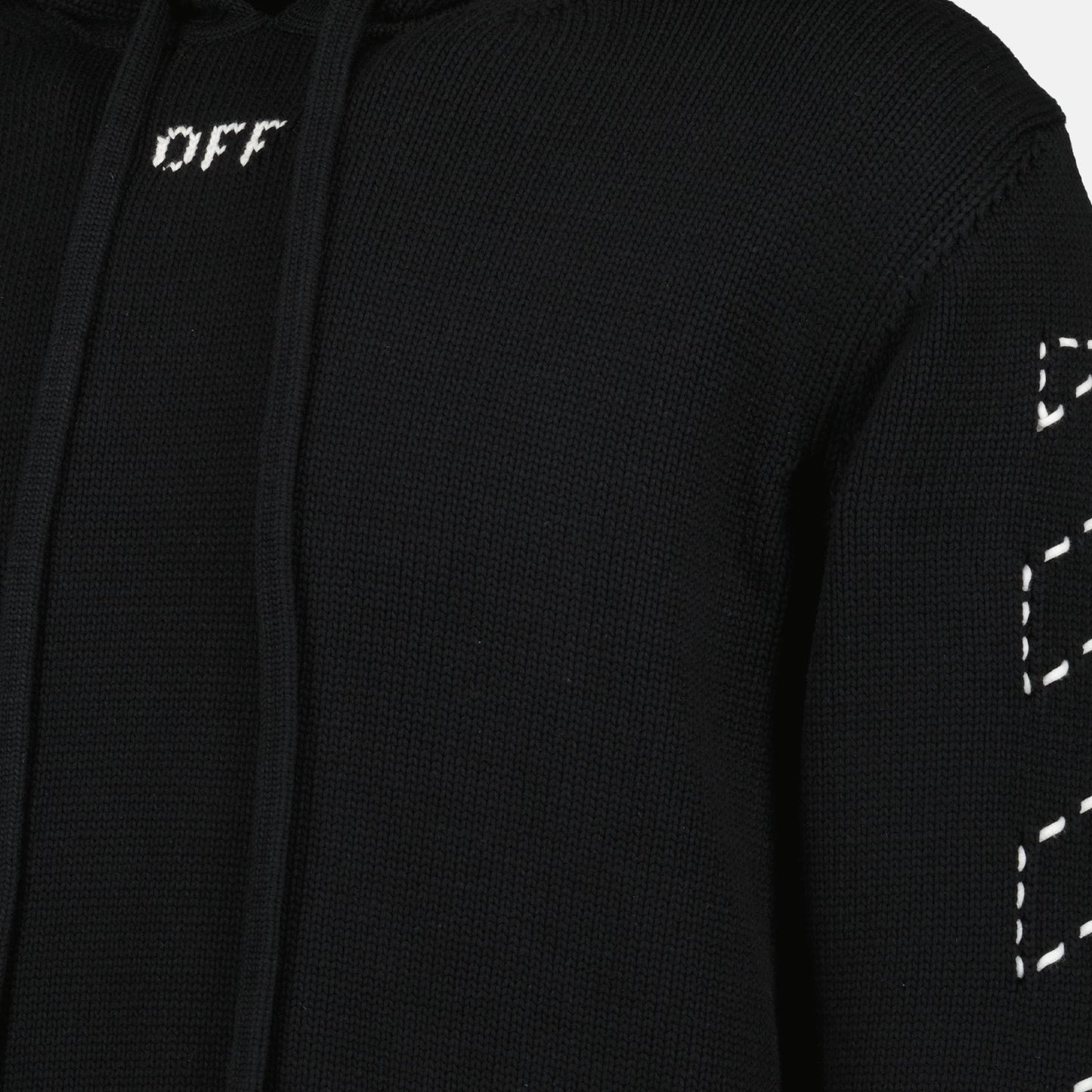 Black hoodie, Stitch Arrow design, Off-White luxury, contemporary fashion, high-end streetwear