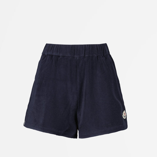 Moncler shorts, women's luxury shorts, blue terry cloth shorts, high-end women's fashion, comfortable stylish shorts